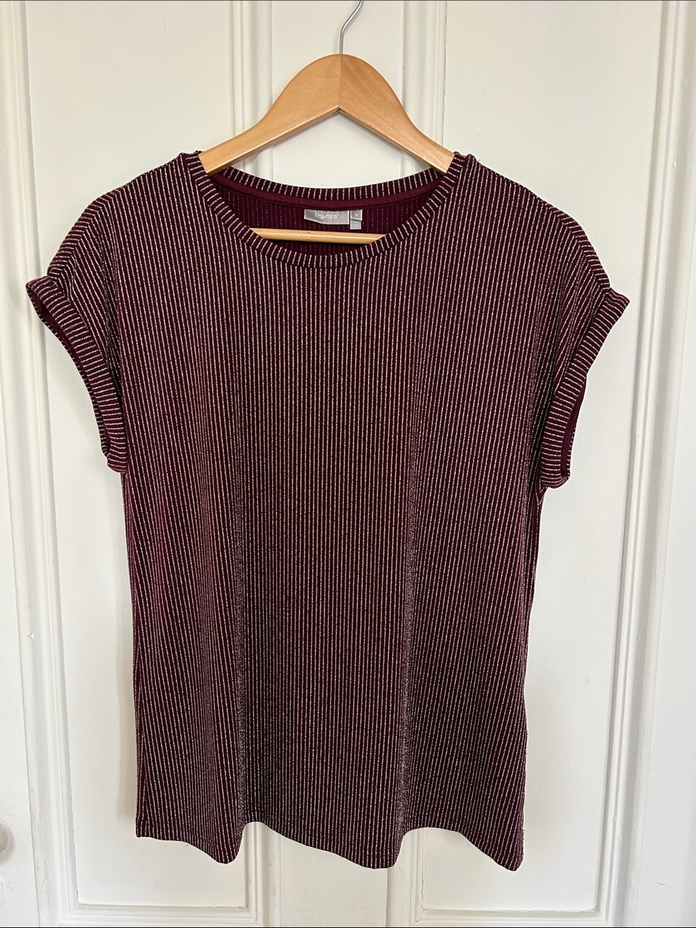 Women's Fransa Metallic Ribbed Short Sleeve Top - Burgundy & Silver